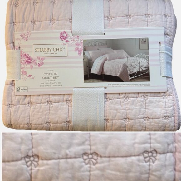 2pc Shabby Chic Quilted Pink Coquette Bow TWIN Quilt Pillow Sham Set Cotton NEW - Picture 1 of 5